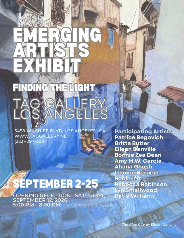 Finding the Light exhibition poster for TAG Gallery, featuring The Blue City by Eileen Danville.